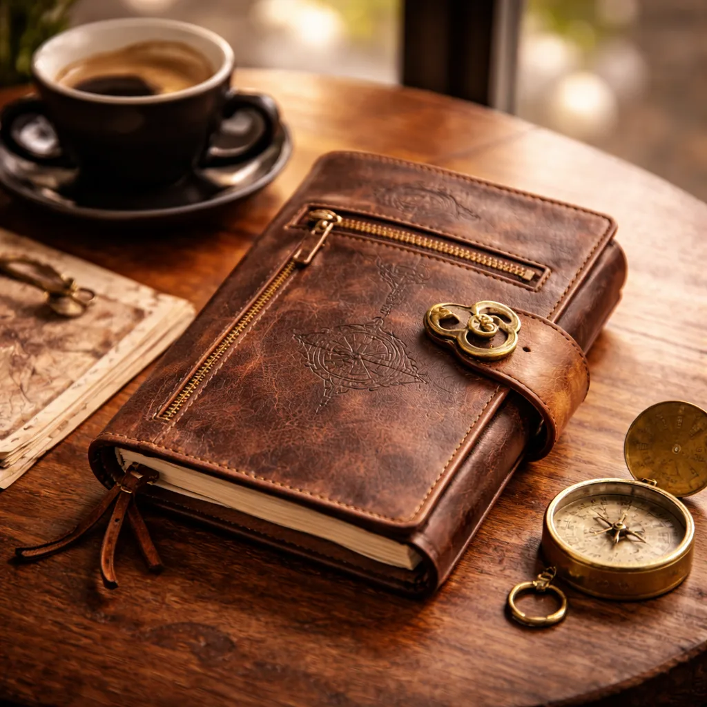 Vintage Leather Journal — Refillable Diary (Travel Theme Cover, Lock Strap)
