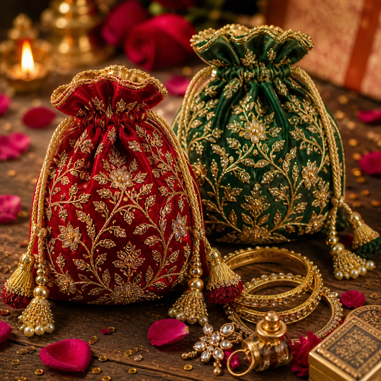 Silk Embroidered Potli Gift Bag Set (Set of 2)